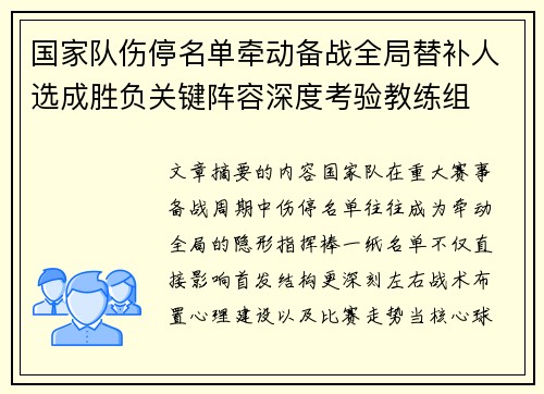 国家队伤停名单牵动备战全局替补人选成胜负关键阵容深度考验教练组