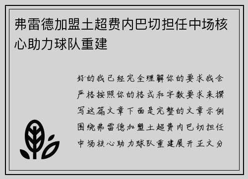 弗雷德加盟土超费内巴切担任中场核心助力球队重建