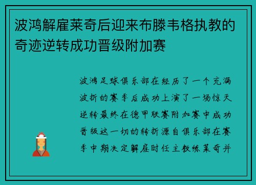 波鸿解雇莱奇后迎来布滕韦格执教的奇迹逆转成功晋级附加赛 波鸿解雇莱奇后迎来布滕韦格执教的奇迹逆转成功晋级附加赛
